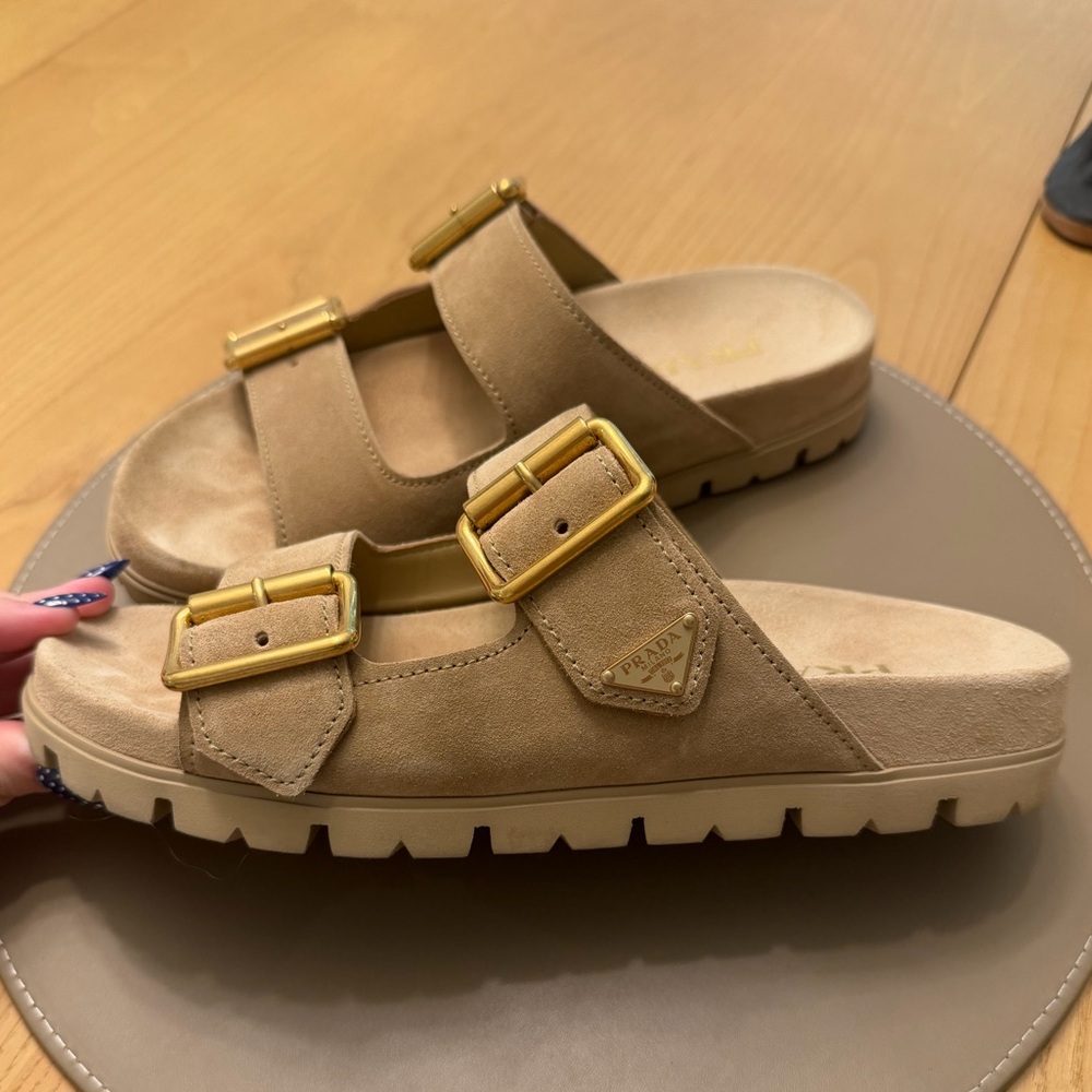 Prada Beige Suede Slides with Gold Accents